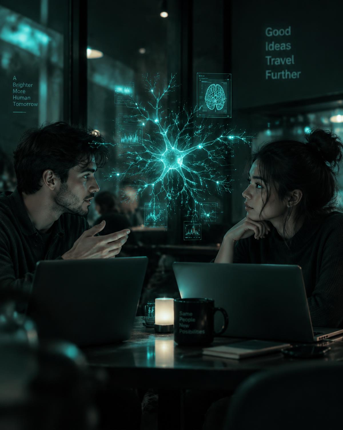 Dos personas conversando en un café con una neurona holográfica entre ellas
