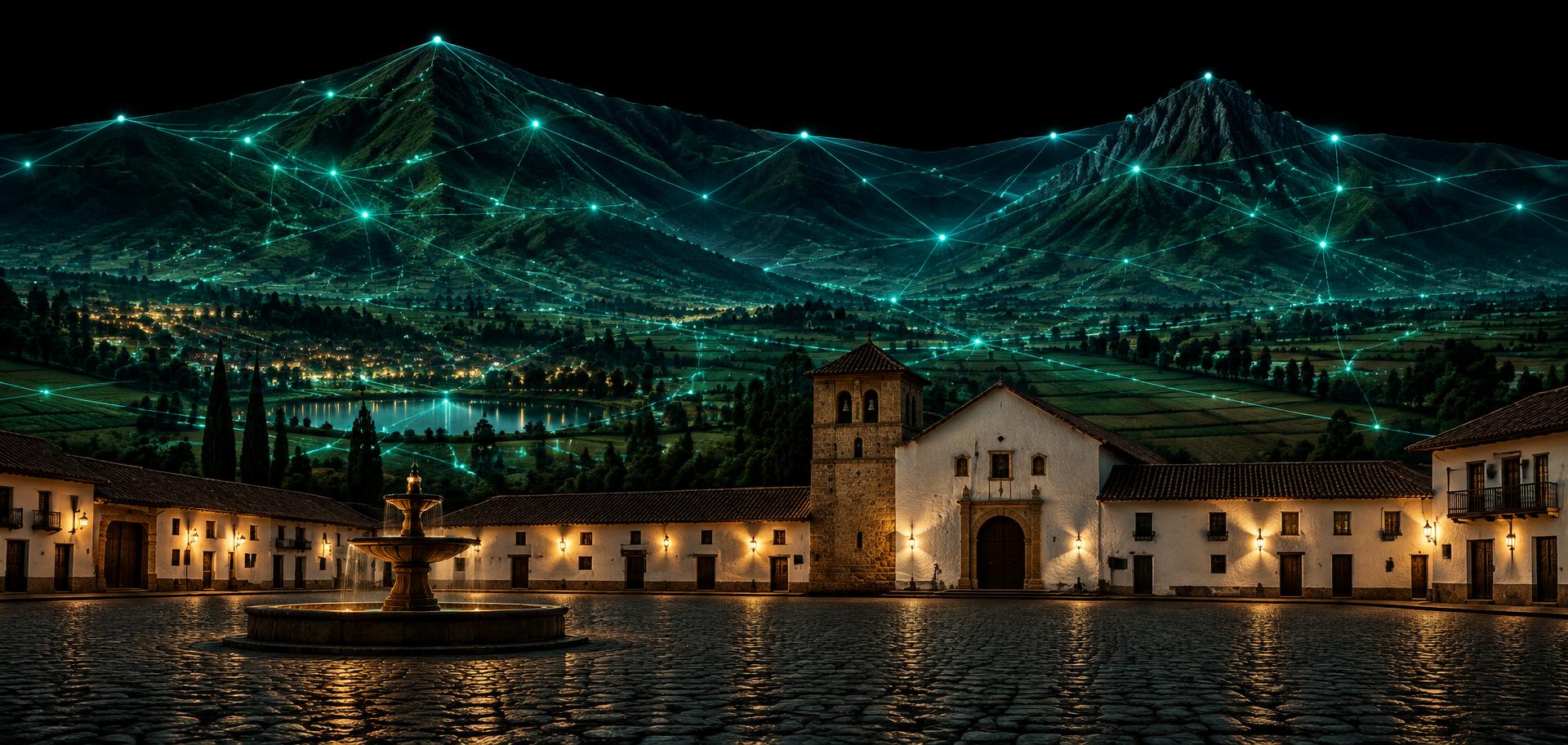 Plaza colonial y montañas de Boyacá conectadas por una red de luz turquesa
