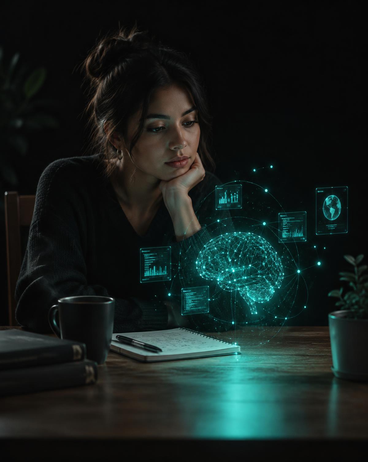 Persona en su mesa con café y cuaderno, rodeada de una red neuronal holográfica turquesa