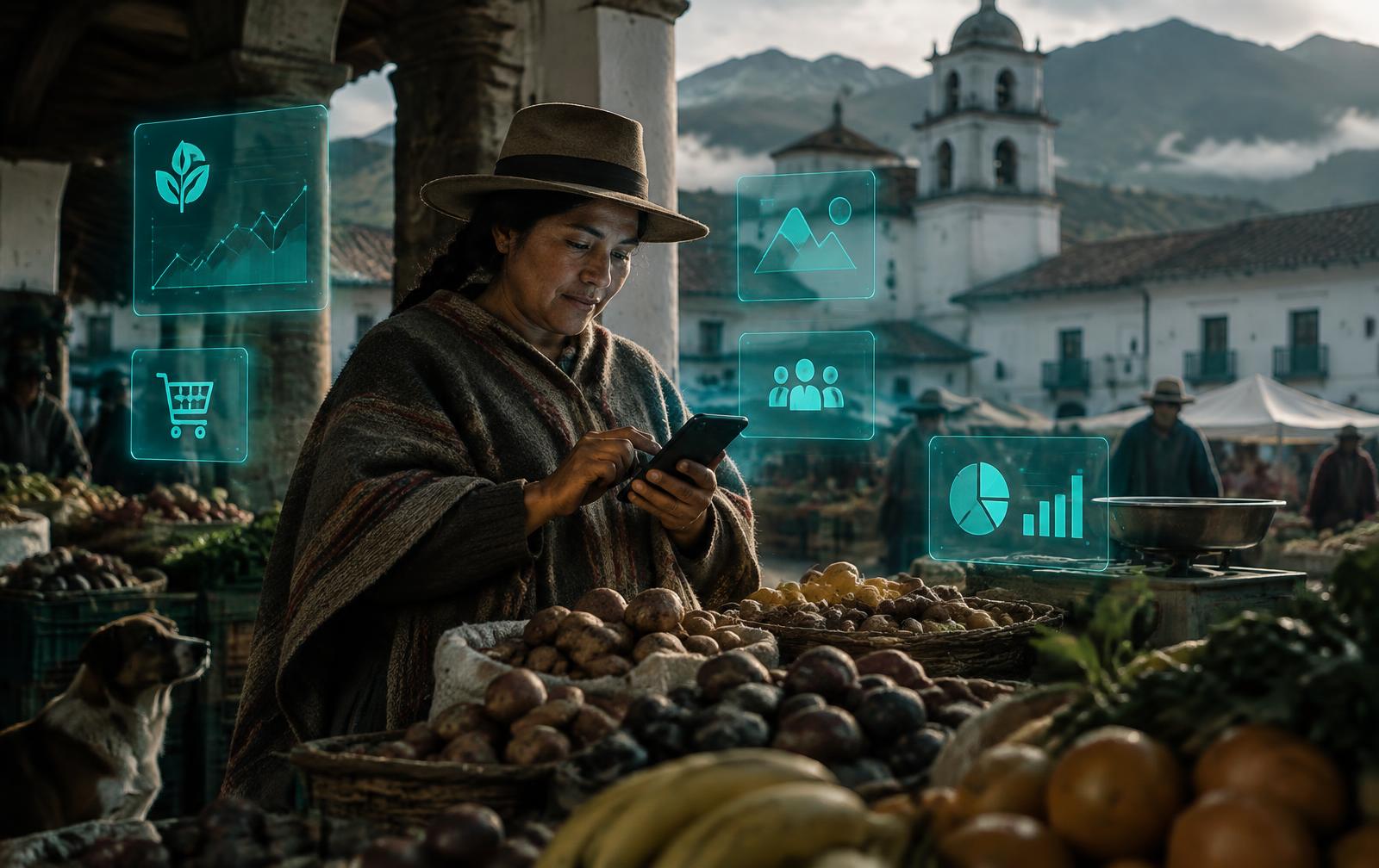 Vendedor de mercado con su celular y paneles holográficos de ventas